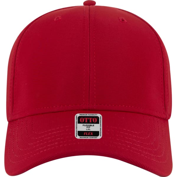 A red low-profile baseball cap with a flexible fit and a logo on the front.