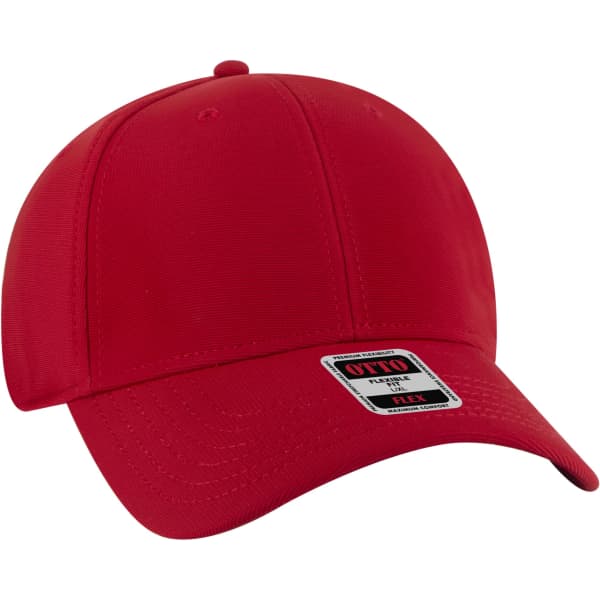 A red six-panel baseball cap with a branded label and a flexible fit.