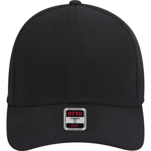 A black 6 panel low profile baseball cap with a logo on the front and a flexible fit design.