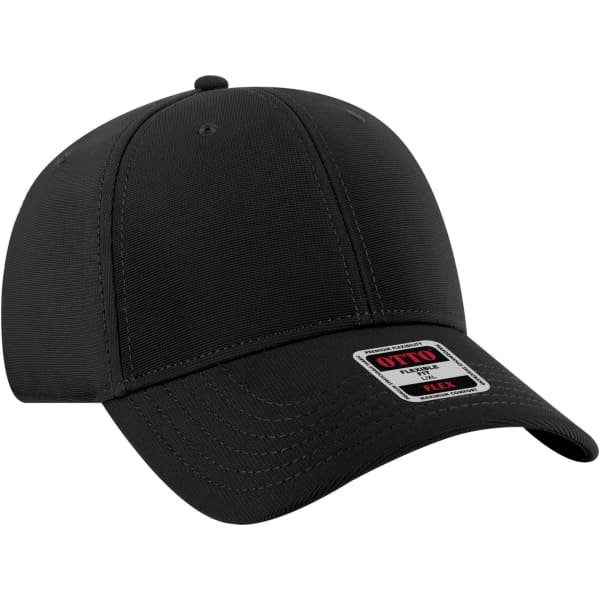 A black Otto Flex 6 panel baseball cap featuring a branded label on the front.