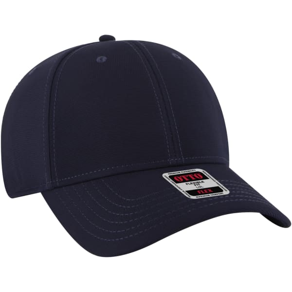 A navy blue baseball cap featuring a logo and a six-panel design for a flexible fit.