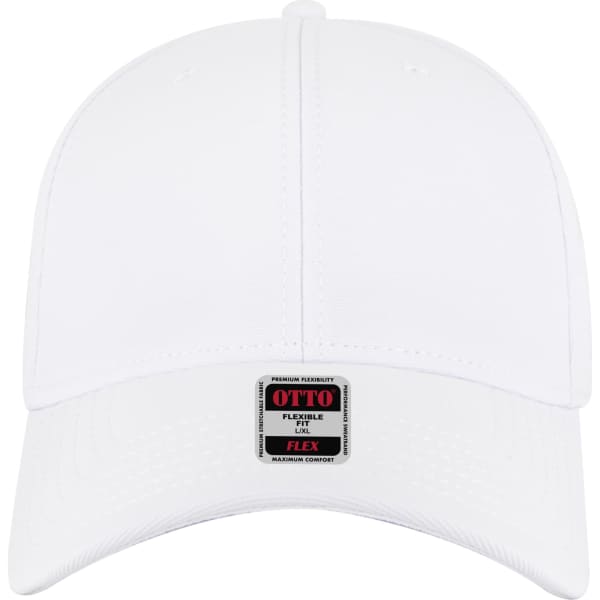 A white low-profile baseball cap featuring a flexible fit and a logo on the front.