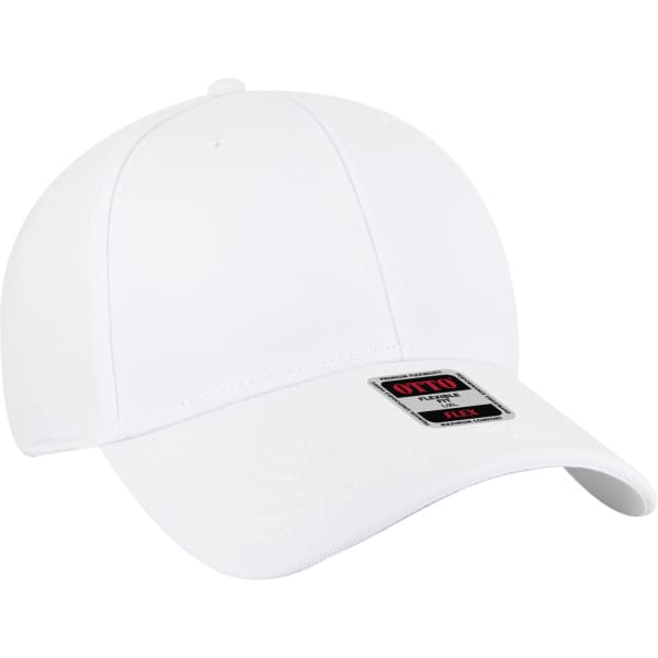 A white Otto Flex 6 Panel Baseball cap featuring a logo on the front. The cap has a curved brim and is made of flexible material.