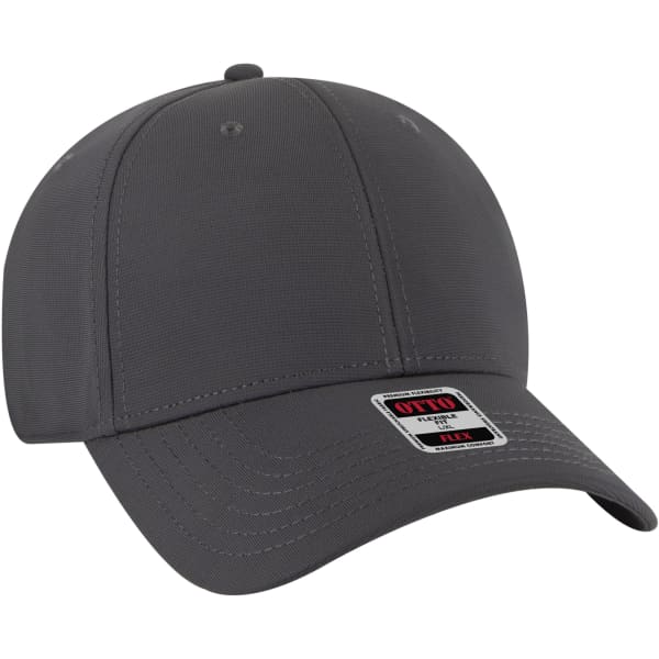 A grey six-panel baseball cap with a structured design and a logo on the front.