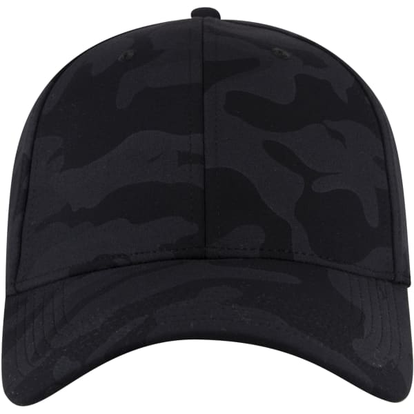A black camo 6 panel low profile baseball cap featuring a logo on the front.