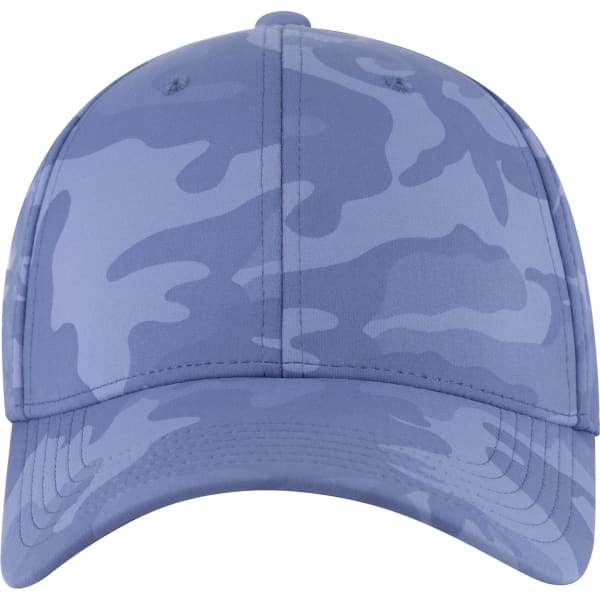 A low profile baseball cap in a blue camouflage pattern, featuring a logo on the front.