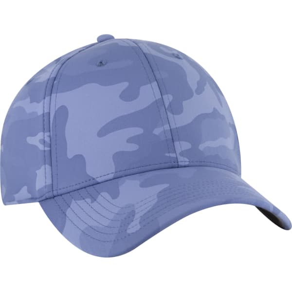 A blue camo patterned cap featuring a curved brim and a logo. Ideal for casual wear.