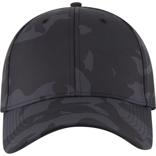 A black camouflage 6 panel low profile baseball cap featuring stitching detail and a curved brim.