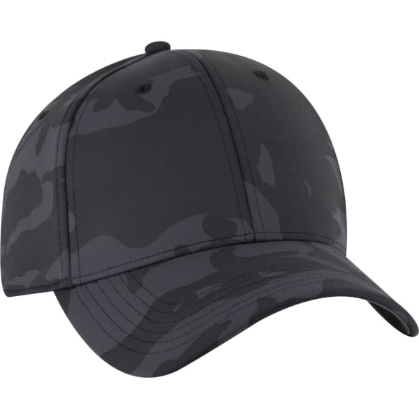 A black camo six-panel baseball cap featuring a curved brim and an adjustable fit. It has a logo on the side.