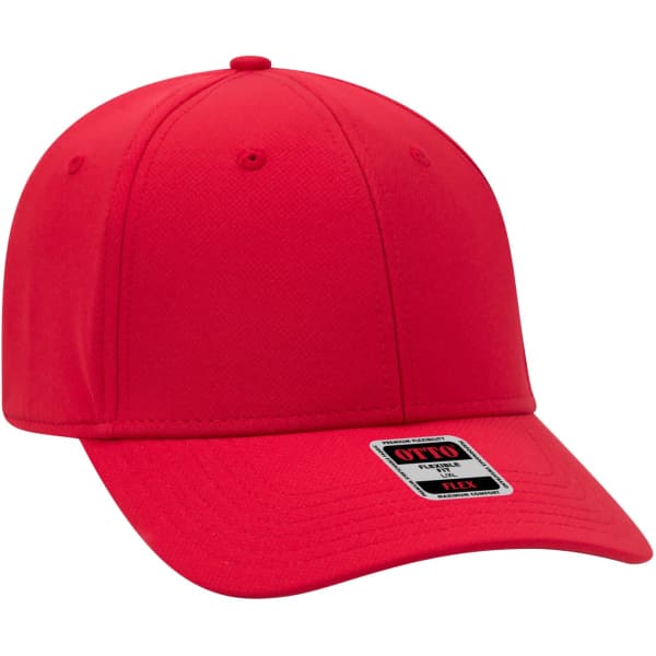 A red six-panel baseball cap with a flexible fit and a logo on the front.