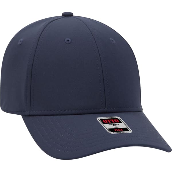 A navy blue baseball cap featuring a six-panel design and a logo on the front.