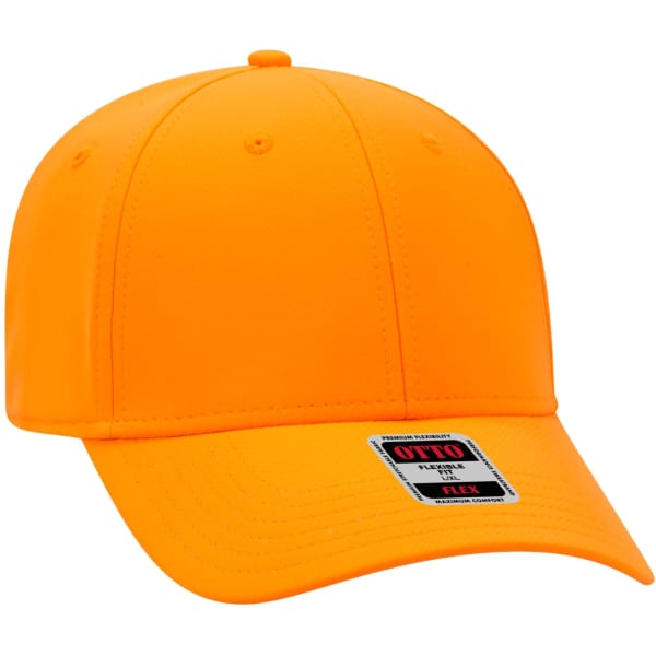 An orange Otto Flex UPF 50+ 6 panel baseball cap, featuring a branding label on the front.