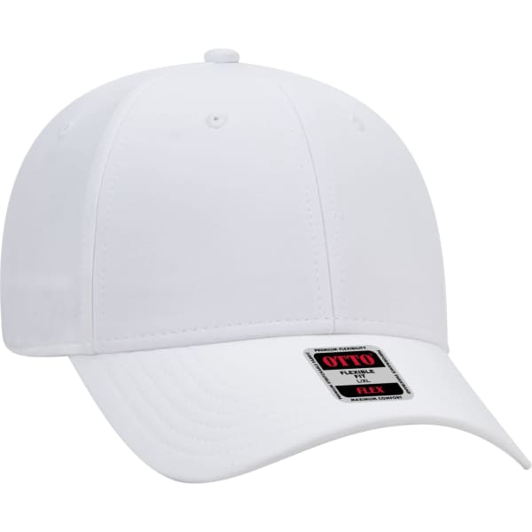 A white six-panel baseball cap with a flexible fit and a logo label on the front.