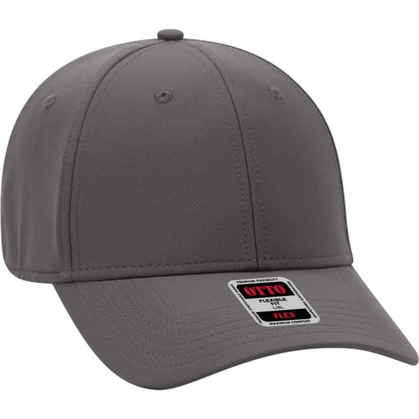 A grey six-panel baseball cap with a structured crown and a branded label on the front.