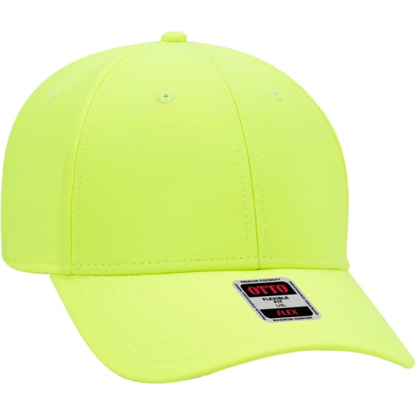 A yellow six-panel baseball cap with a branded logo, featuring a flexible design and UPF 50+ protection.