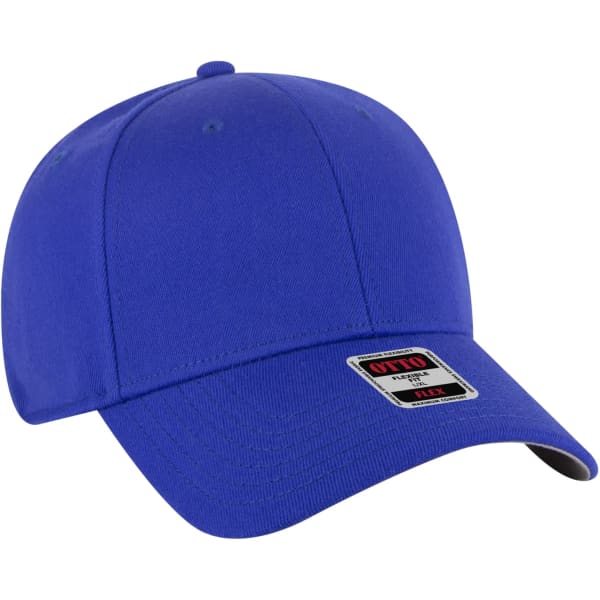 A blue low profile baseball cap with a curved brim and a logo on the front.