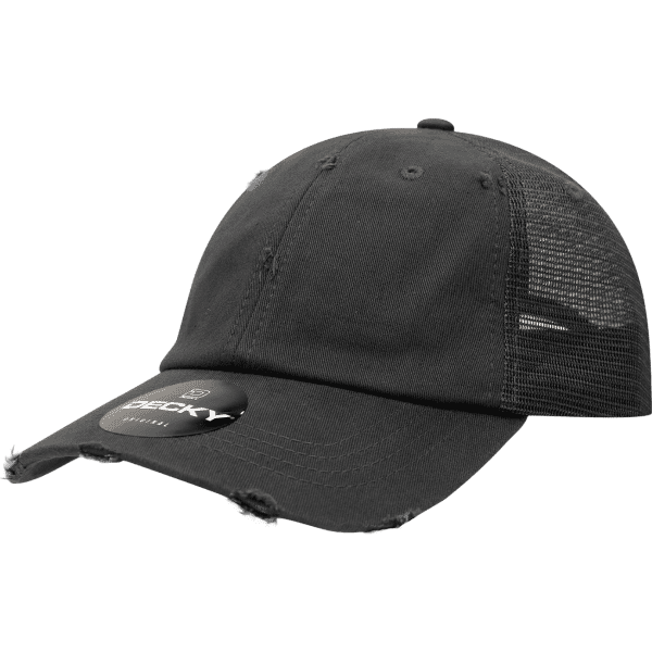 A black low profile relaxed vintage trucker cap with mesh sides and a logo on the front.