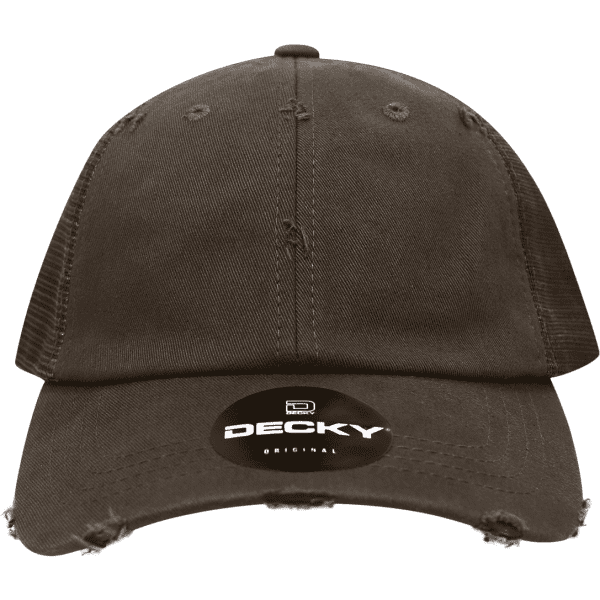 A brown vintage trucker cap with a distressed look, featuring a logo on the front.
