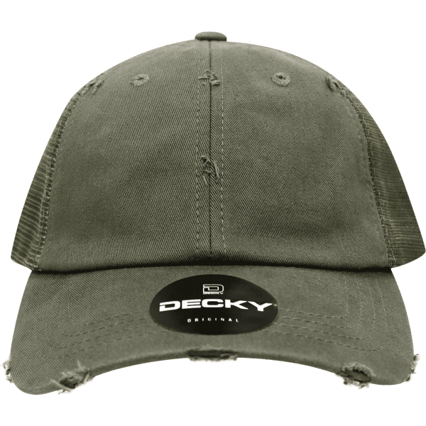 A vintage-style, olive green low profile trucker cap with a distressed finish and a logo present.