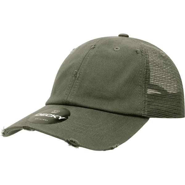 A vintage olive green trucker cap with a mesh back and a tag. Features a branding logo.