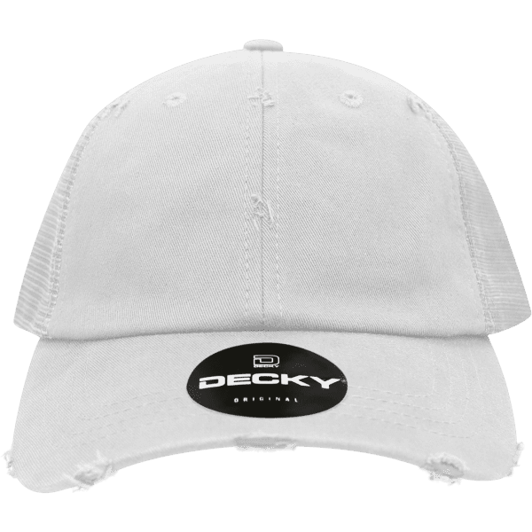 A low-profile white vintage trucker cap featuring a distressed design and a logo.
