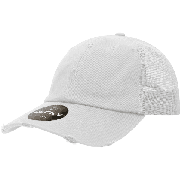 A white vintage trucker cap with a mesh back and a tag, featuring a logo on the front.