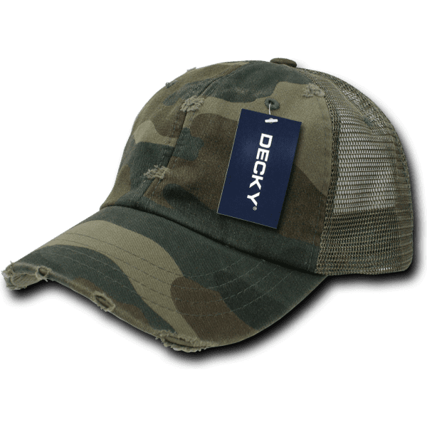 A camo-patterned low-profile trucker cap with a mesh back and a tag attached.