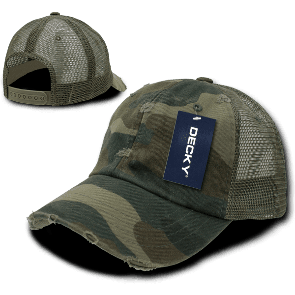 A camo-patterned trucker cap in green and brown, featuring a mesh back and a tag with a logo.