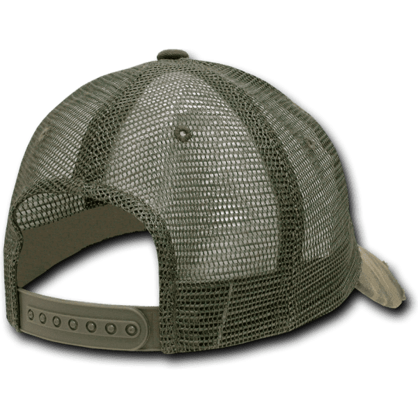 A vintage trucker cap in olive green with a mesh back and an adjustable strap. It features a logo on the back.