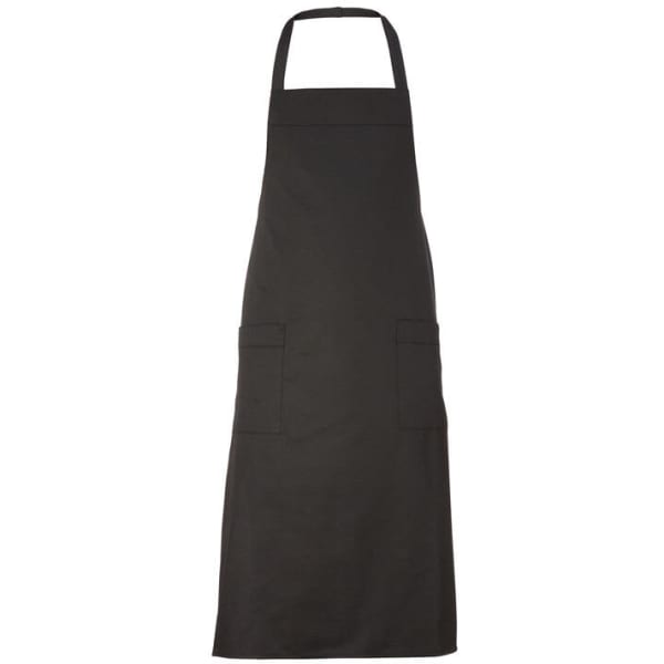 A black apron with a neck strap and two front pockets, featuring a logo or branding.