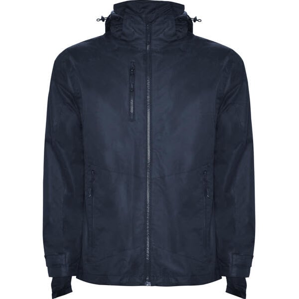 A navy blue parka jacket featuring a zip front, adjustable hood, and pockets, with a branded logo on it.