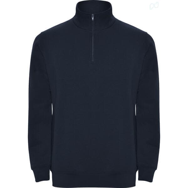 A navy blue half zip sweatshirt with long sleeves and a high collar, featuring a small zip at the neck and a logo.