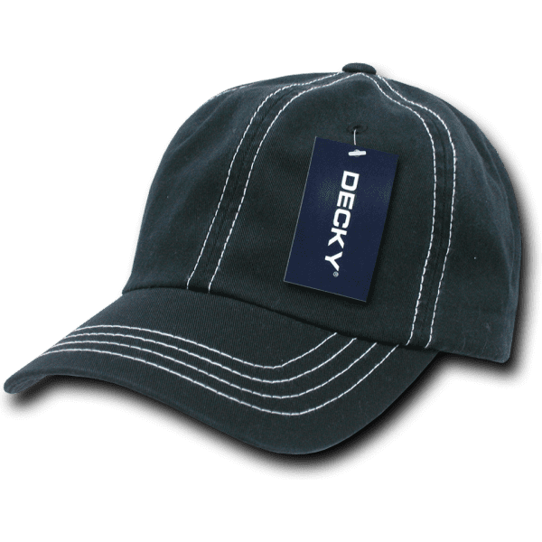 A black 6-panel low profile relaxed dad hat with contrasting white stitching and a tag attached.