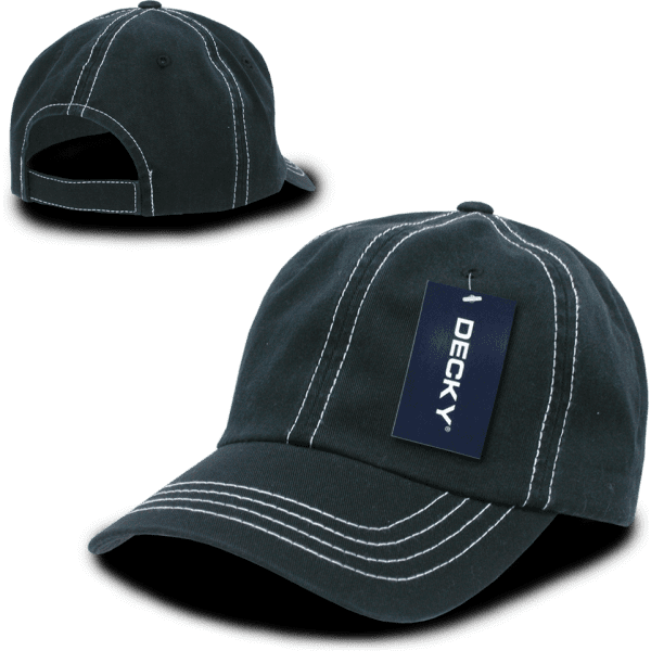 A black 6 panel low profile relaxed dad hat featuring contrasting stitching and a tag with a logo.