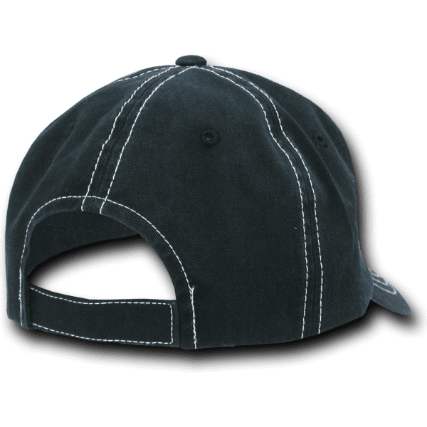 A black 6-panel low profile relaxed dad hat featuring contrast stitching and an adjustable strap at the back.