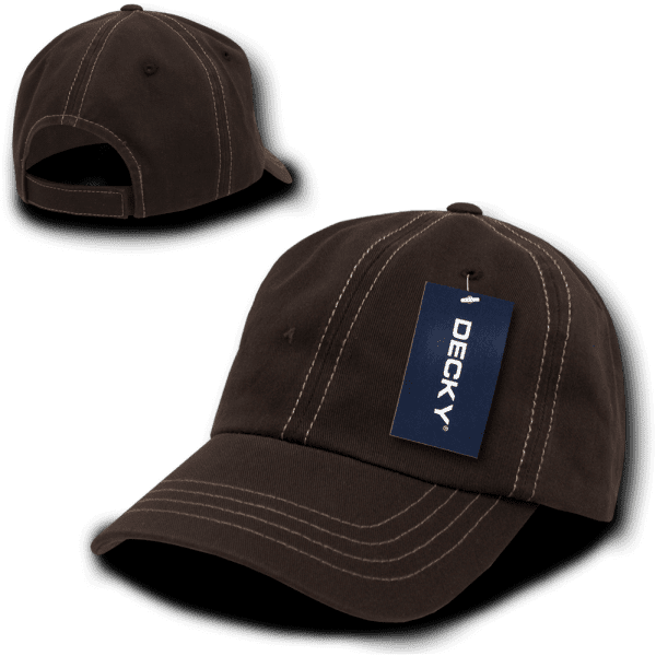 A brown 6 panel low profile relaxed dad hat with contrast stitching and a tag featuring a logo.