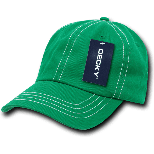 A green six-panel low profile dad hat featuring contrasting white stitching and a tag.