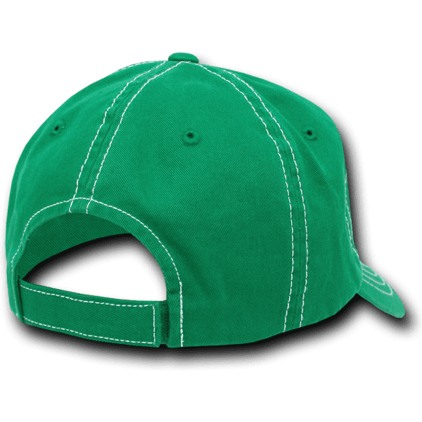 A green 6 Panel Low Profile Relaxed Contra-Stitch Dad Hat featuring a stitched design and an adjustable strap at the back.