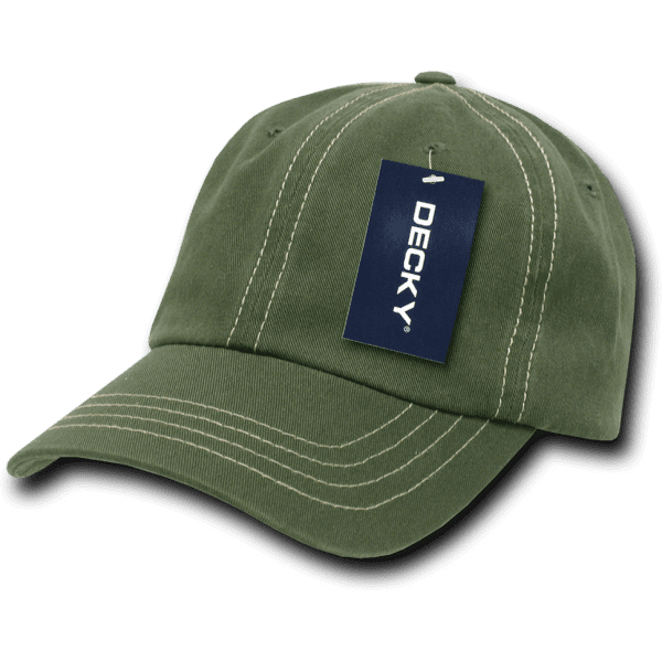 A green low profile relaxed dad hat with contrasting stitching and a tag attached.