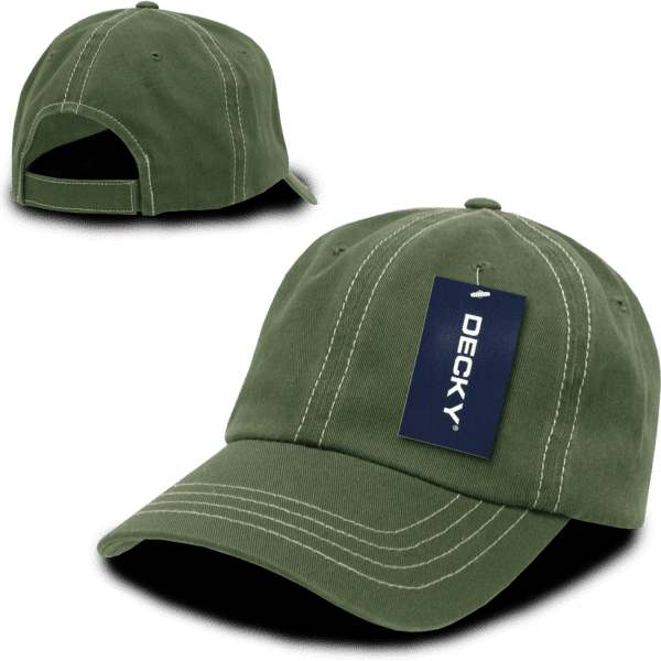A green six-panel low profile relaxed dad hat with contrast stitching and a tag. The back is adjustable.