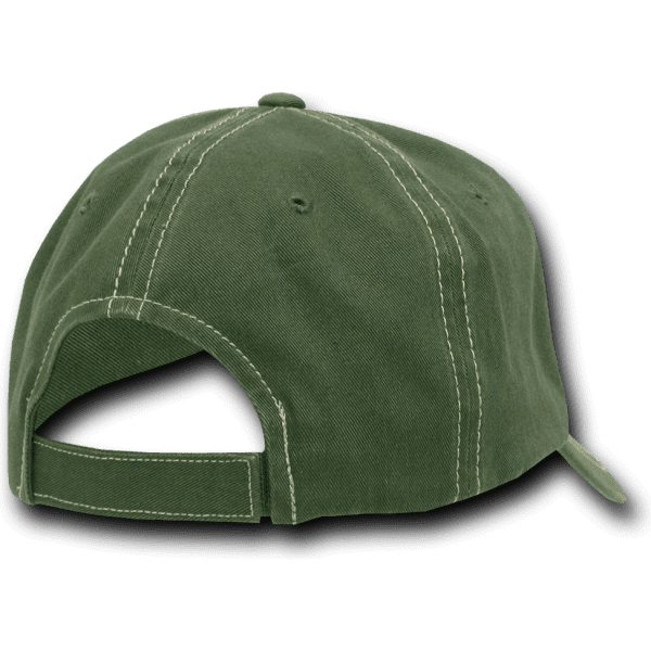 A green 6 panel low profile relaxed dad hat with contrasting stitching and an adjustable strap at the back.