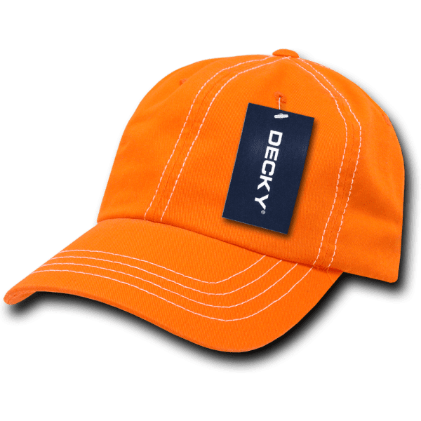 An orange 6-panel low-profile dad hat with contrasting white stitching and a tag attached.