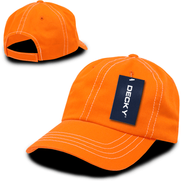 An orange 6 panel low profile relaxed dad hat with contrasting stitching and a tag attached.