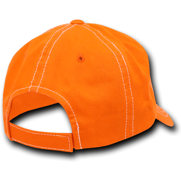 An orange 6 panel low profile relaxed dad hat with contrasting stitching and an adjustable strap at the back.
