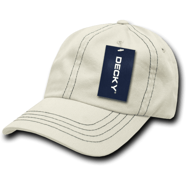 A beige 6-panel low profile dad hat with relaxed fit and contrasting stitching, featuring a tag and logo.