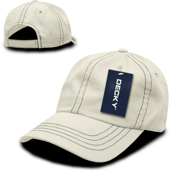 A beige 6 panel low profile relaxed dad hat with stitching details and a brand tag attached.