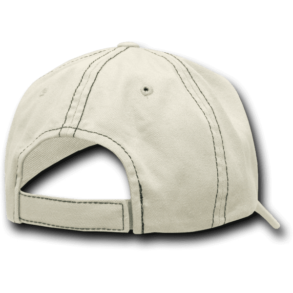 A beige six-panel low-profile relaxed dad hat with a stitched design and an adjustable strap at the back.