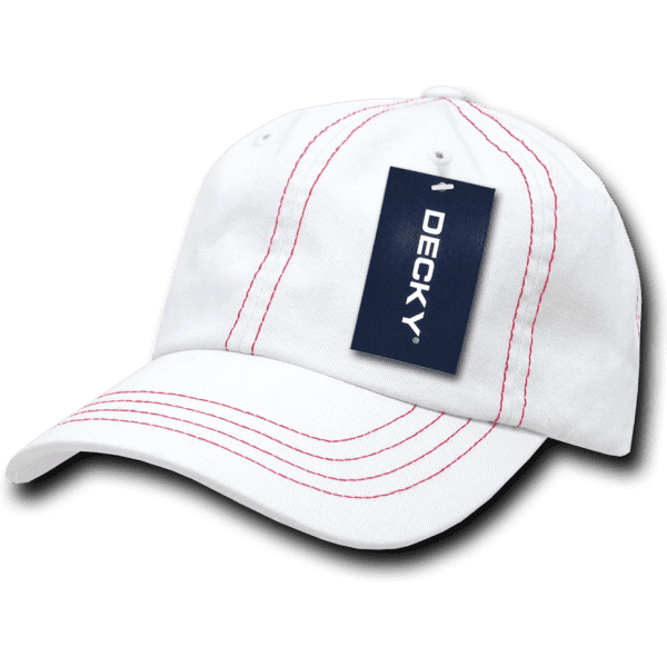 A white low-profile dad hat featuring contrasting red stitching and a tag with a logo.