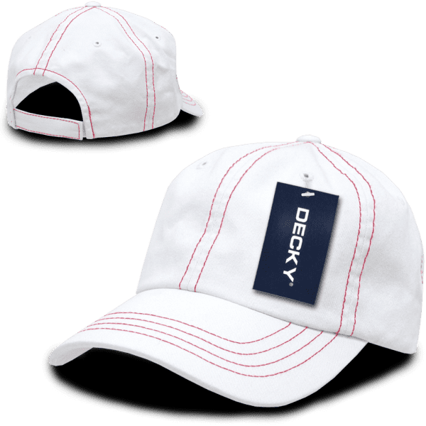 A white 6-panel low profile relaxed dad hat featuring red stitching and a hang tag with a brand logo.
