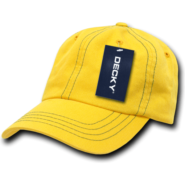 A yellow 6 panel low profile relaxed dad hat with contrast stitching and a tag attached.